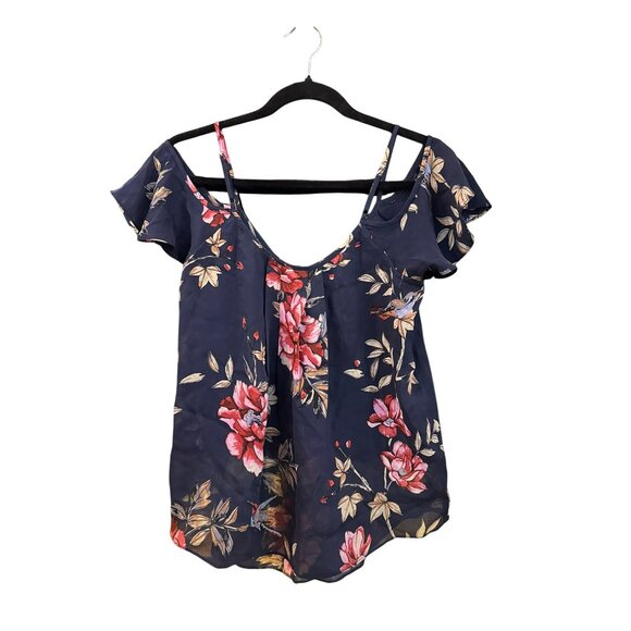 Joie Womens Adorlee Small Floral Silk Cold Shoulder Blouse Navy Blue Top NWT - Picture 4 of 6